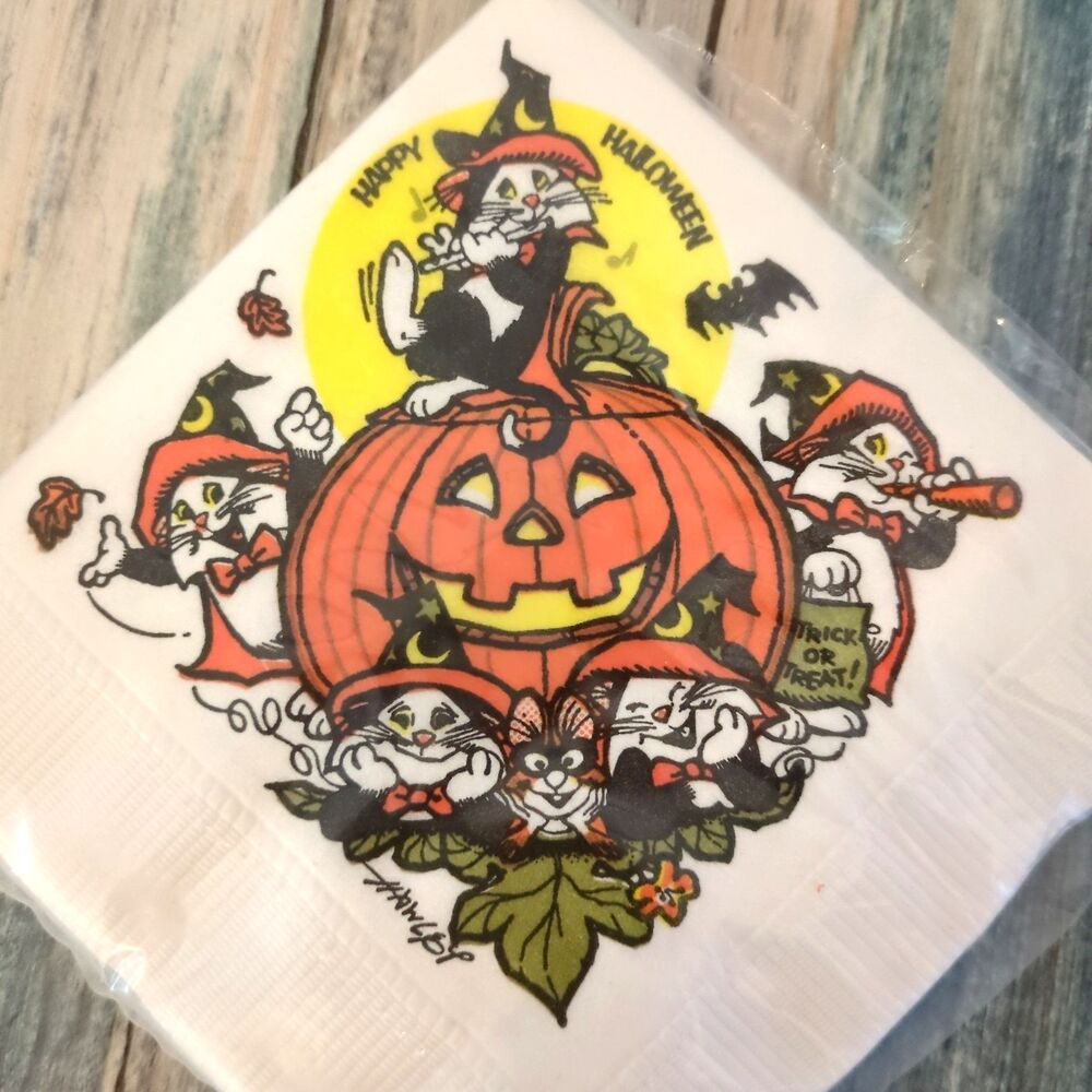 Vintage Halloween Cat Jack O Lantern Beverage Napkins American Greetings